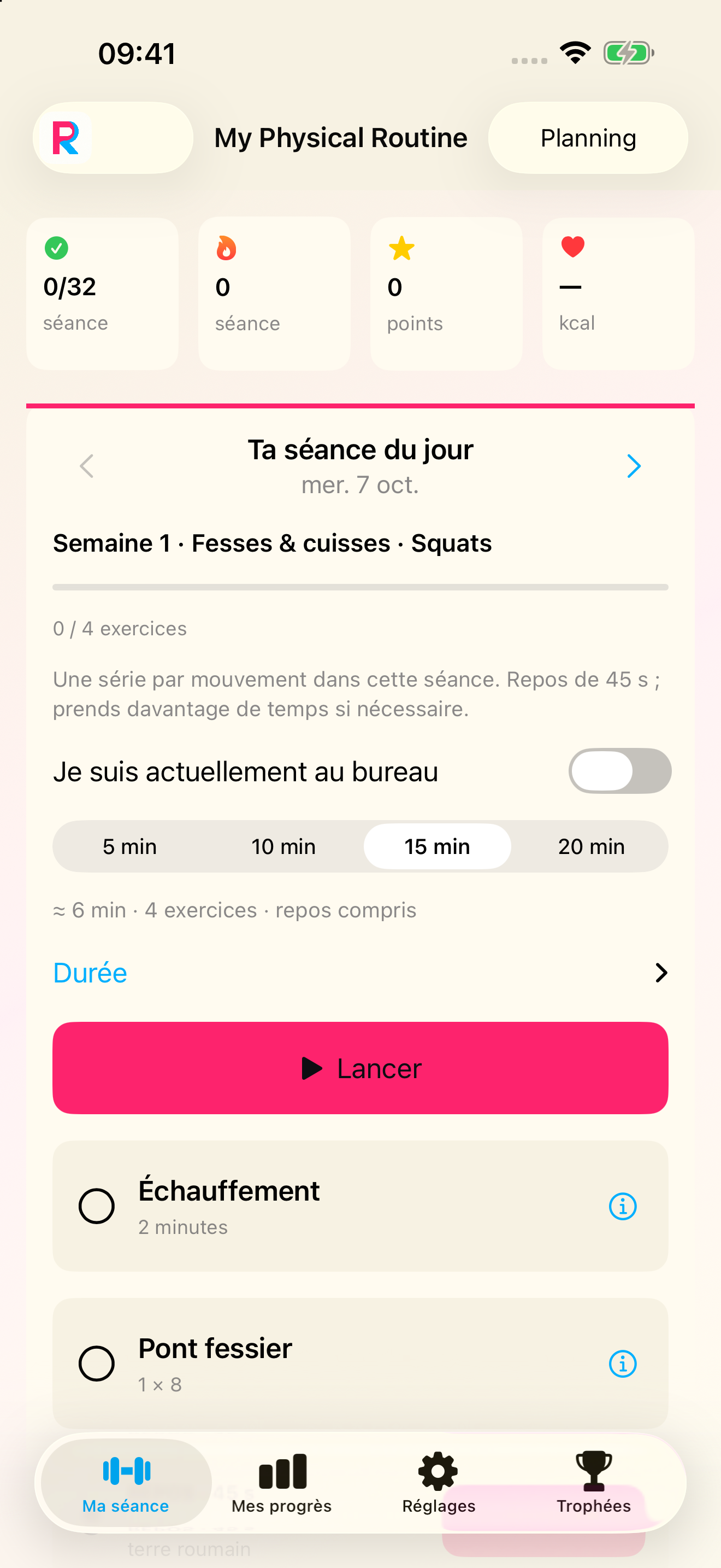 Écran Ma séance de Physical Routine, avec les quatre indicateurs et le choix de durée